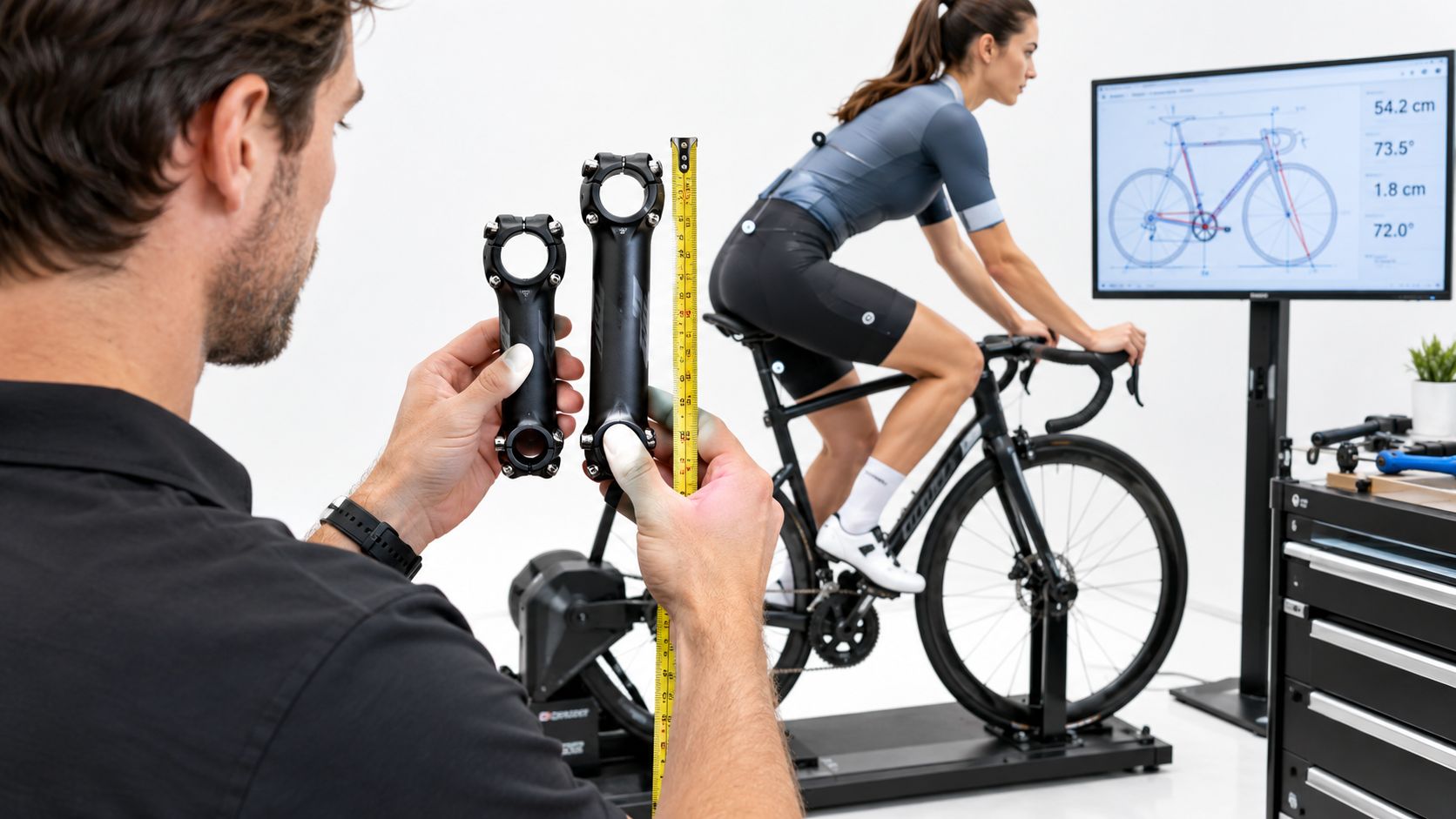 A professional bike fitter compares two different handlebar stems while a cyclist is tested on a stationary bike.