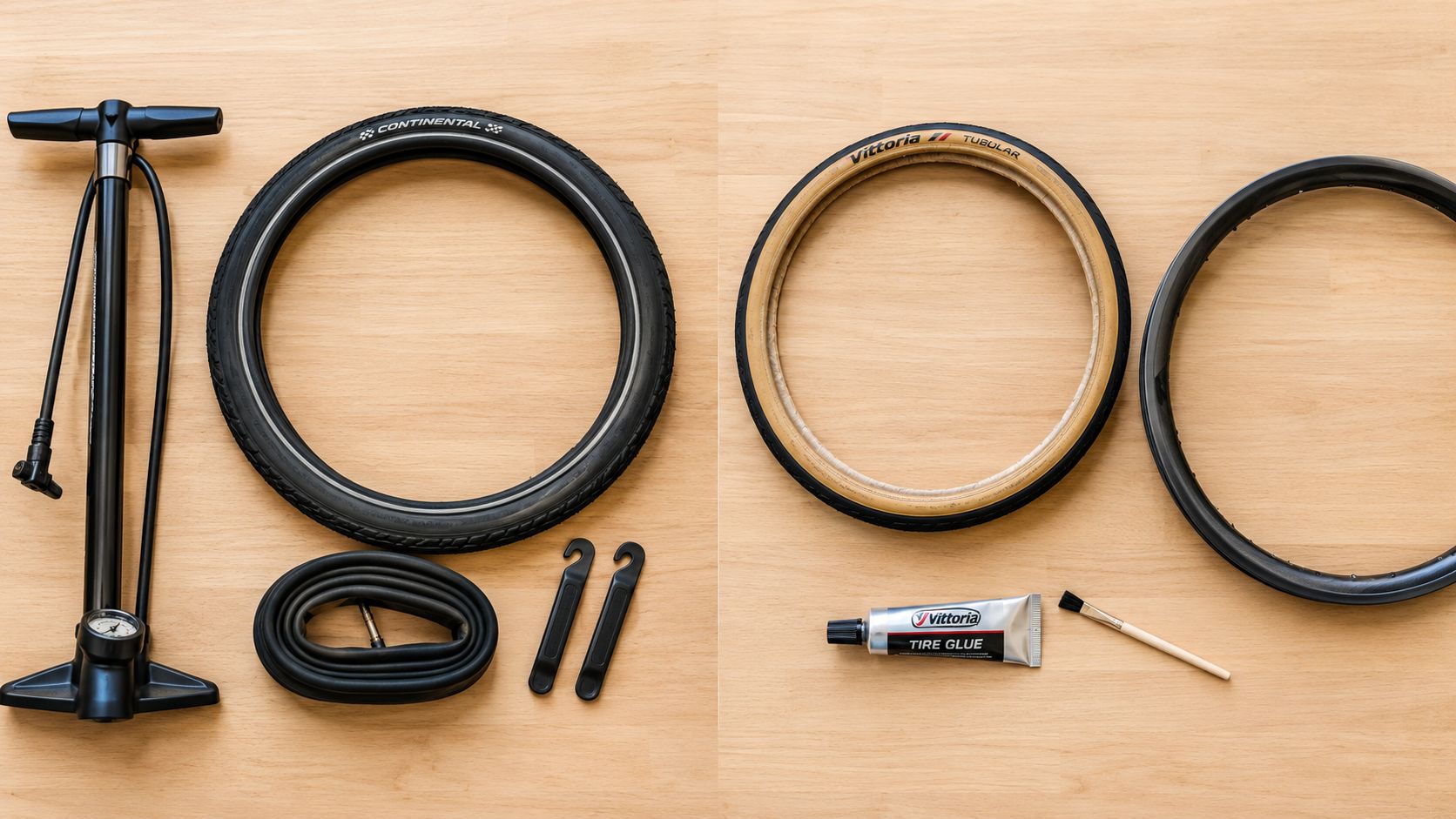 A flatlay showing bike tire maintenance tools for clincher and tubular tire systems on a wooden surface.