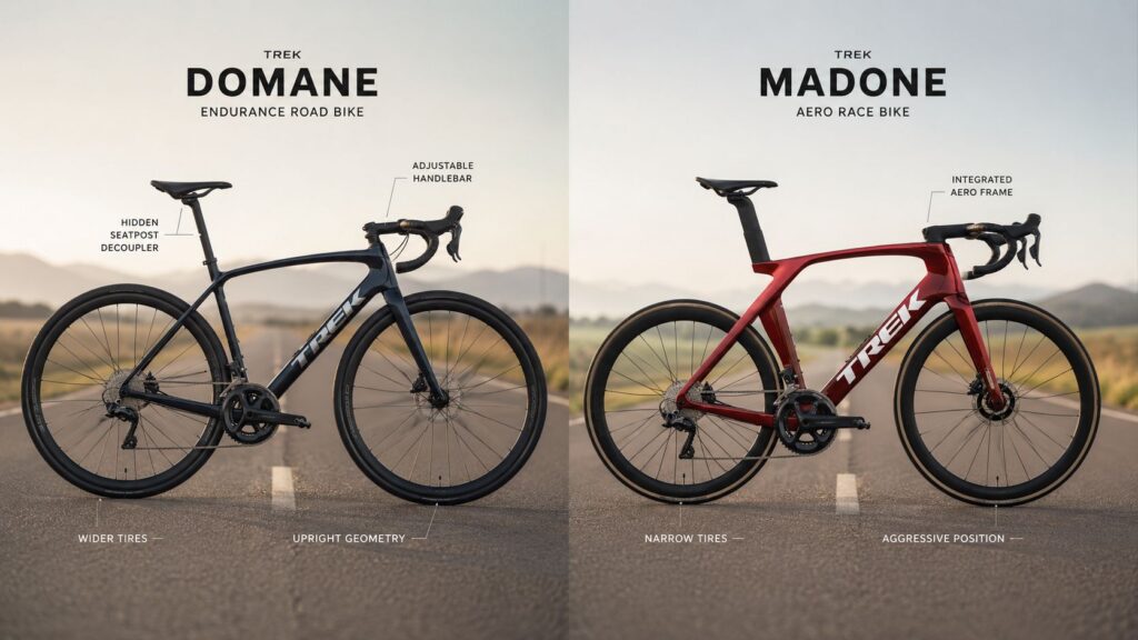 Comparison graphic of a blue Trek Domane and a red Trek Madone road bike