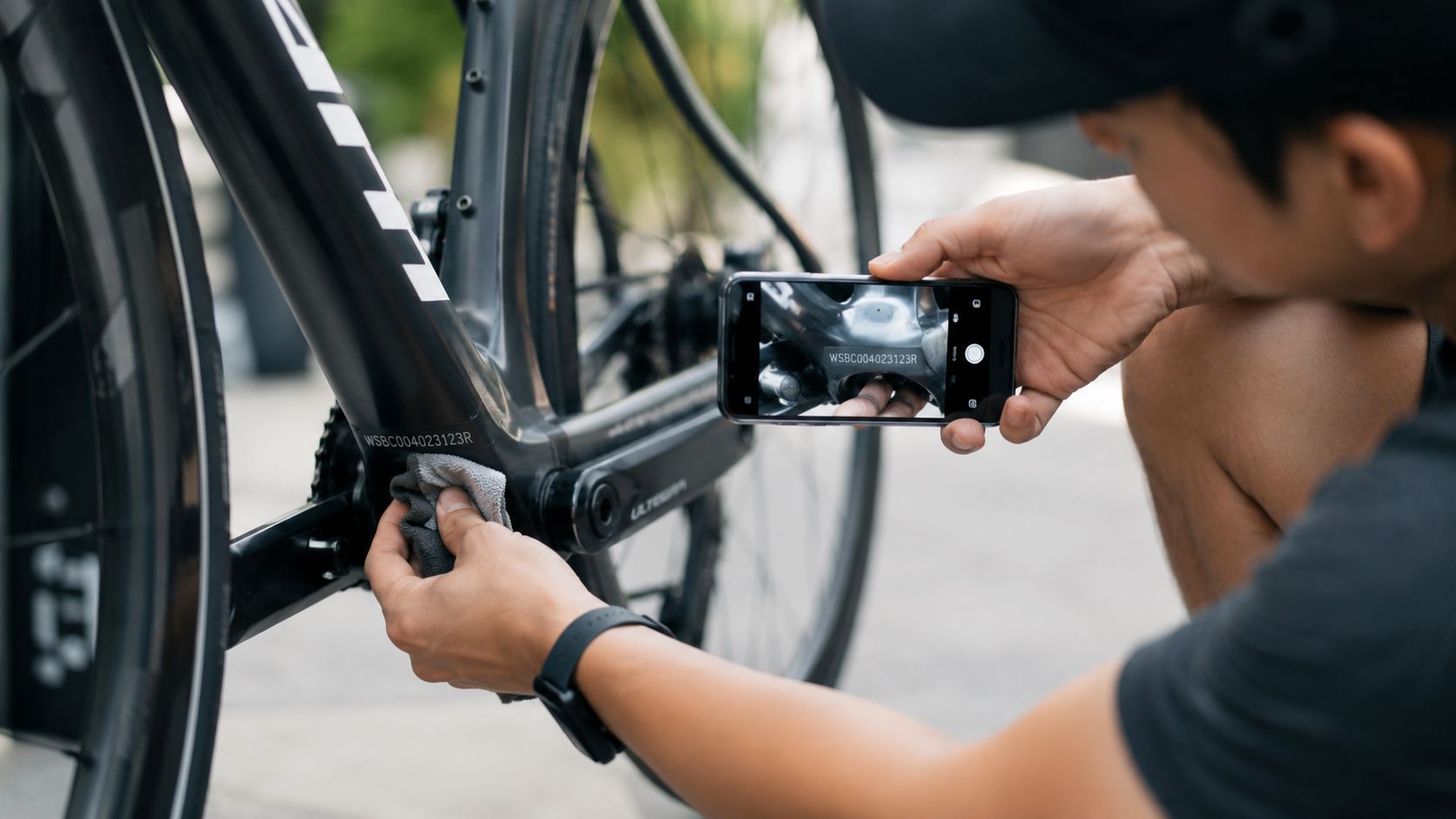 Person photographing the underside of a bike frame with a smartphone