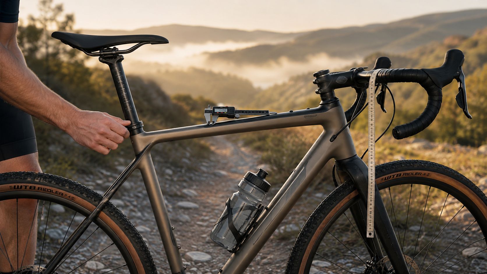 Rider holding a gravel bike by the handlebars on a hillside at sunset