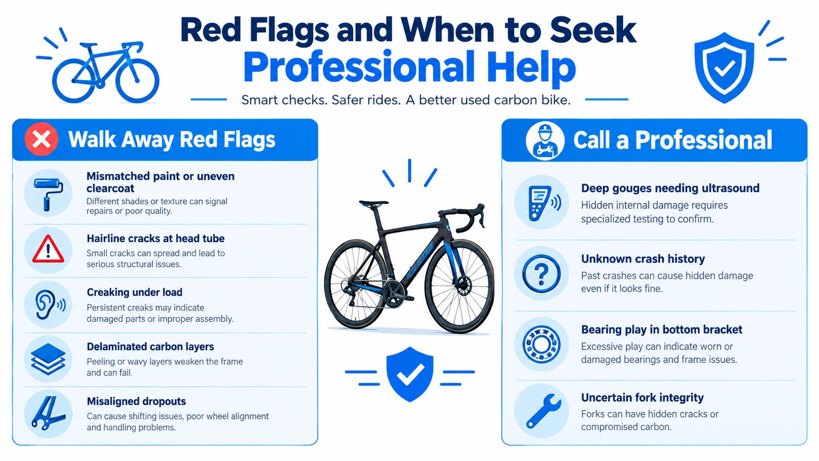An infographic detailing red flags and when to consult a professional for used carbon bike inspections.