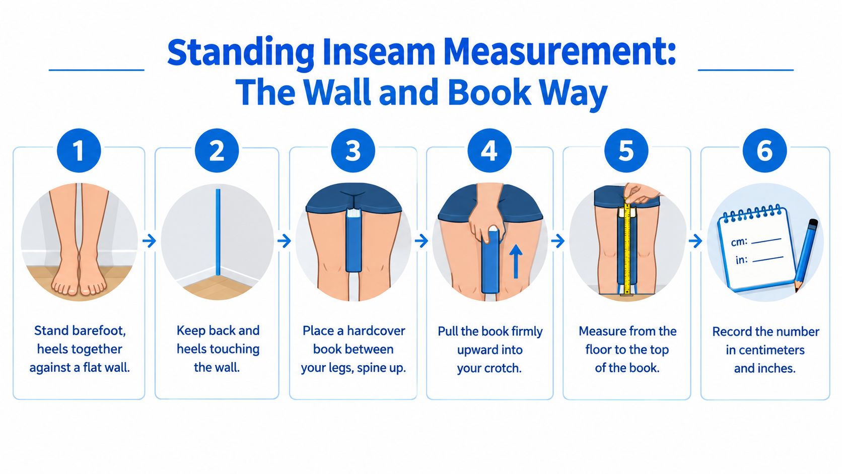 A six-step infographic illustrating how to measure your inseam length using a wall and a hardcover book.