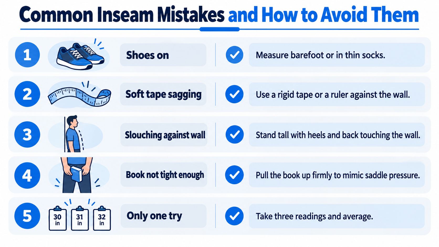 An infographic detailing five common mistakes to avoid when measuring your inseam for cycling fitting.