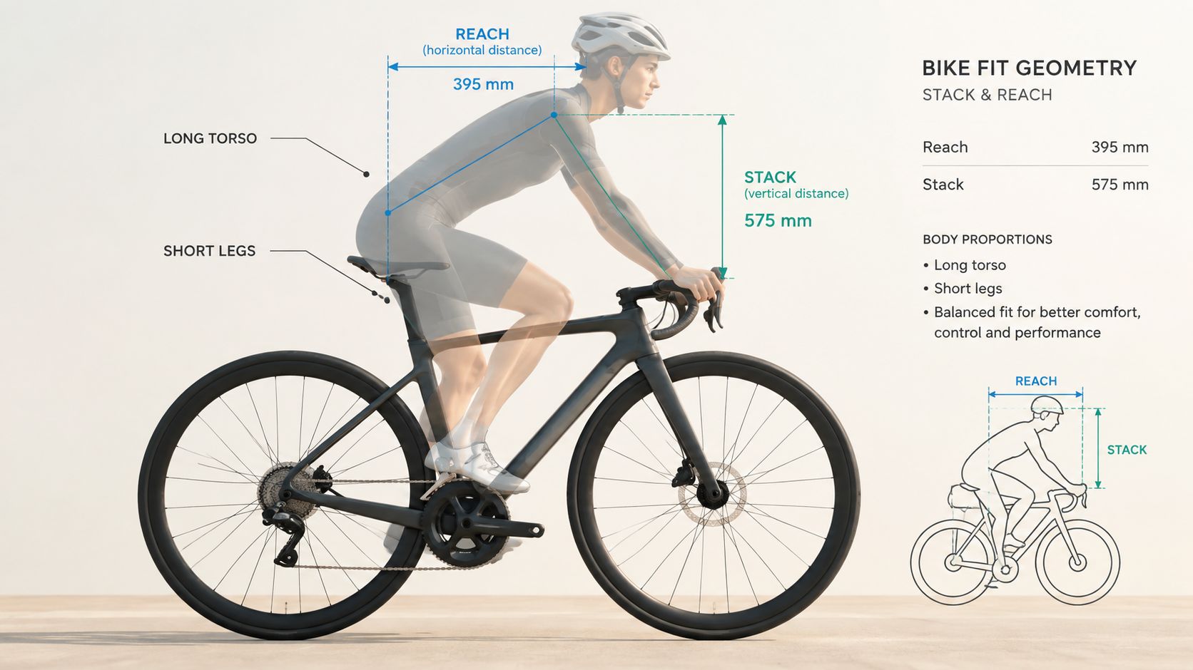 A diagram illustrating bike fit geometry showing stack and reach measurements for a cyclist with long torso and short legs.