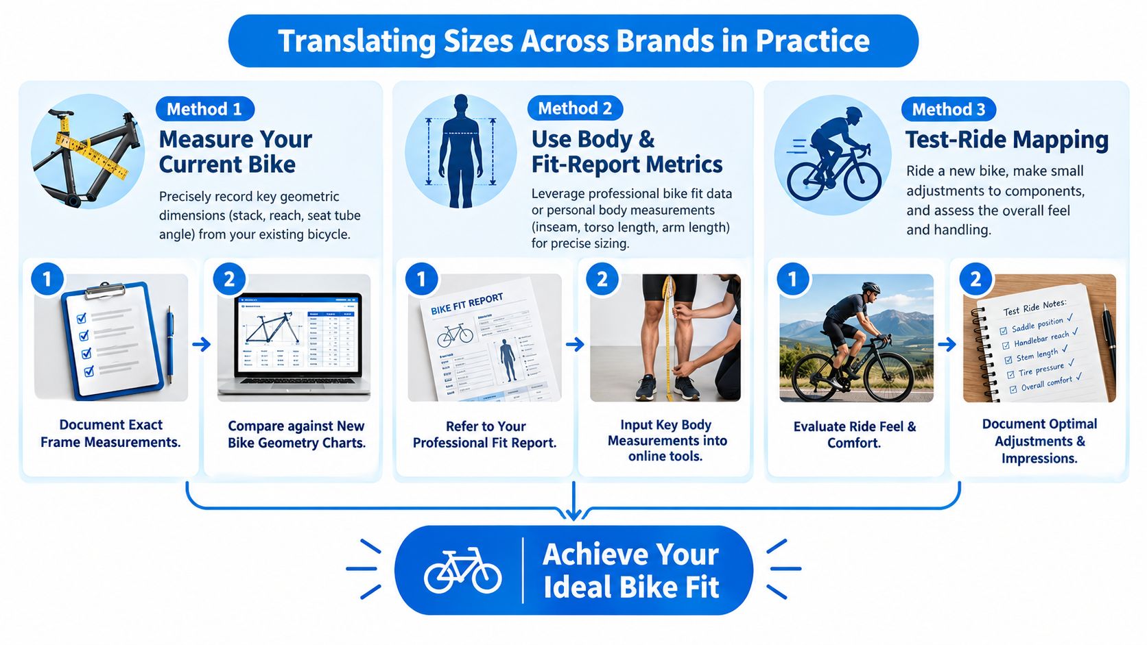 An infographic detailing three practical methods for translating bicycle frame sizes accurately across different cycling brands.