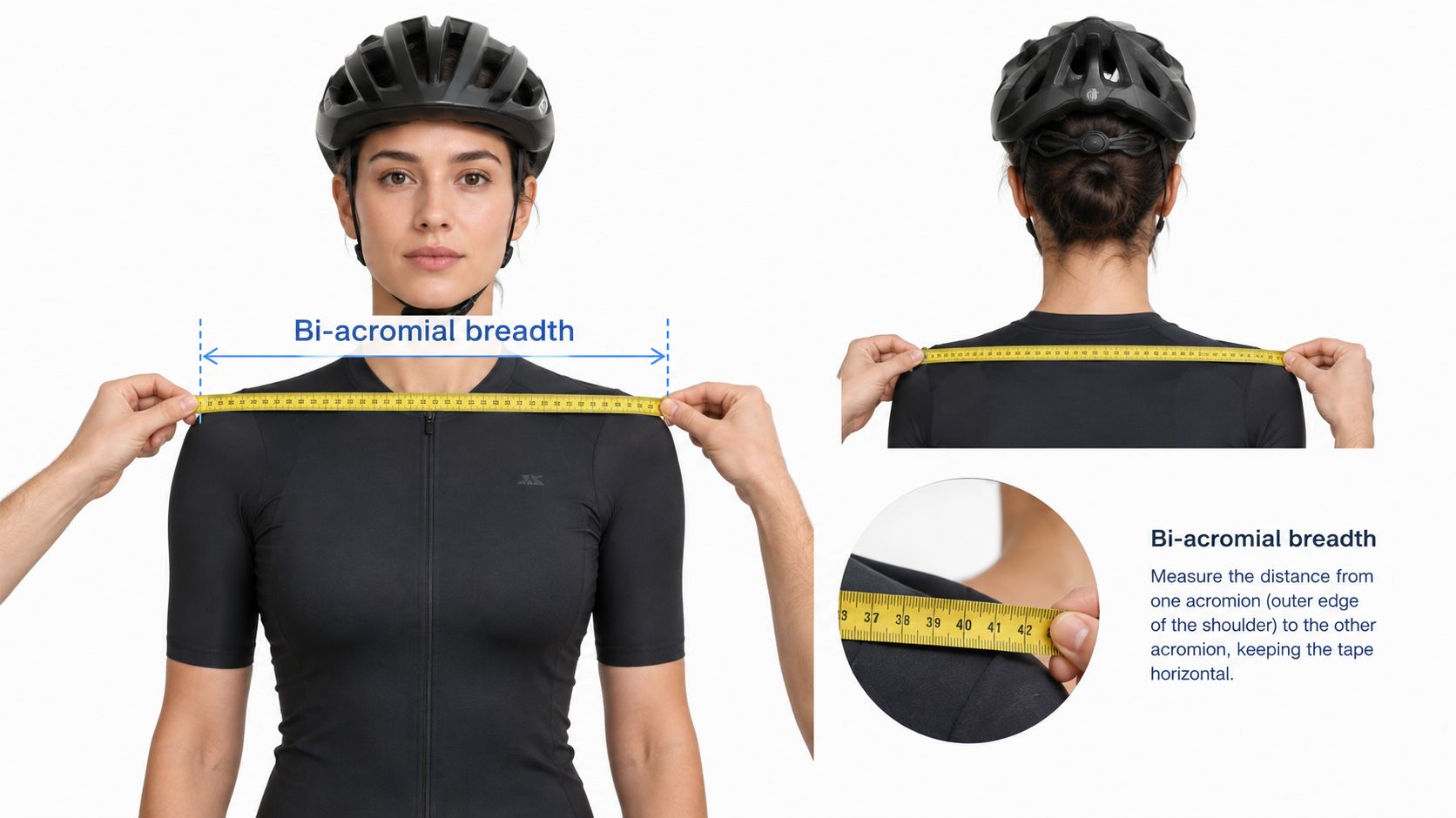 A woman demonstrating how to measure bi-acromial shoulder breadth for determining correct bike handlebar width.