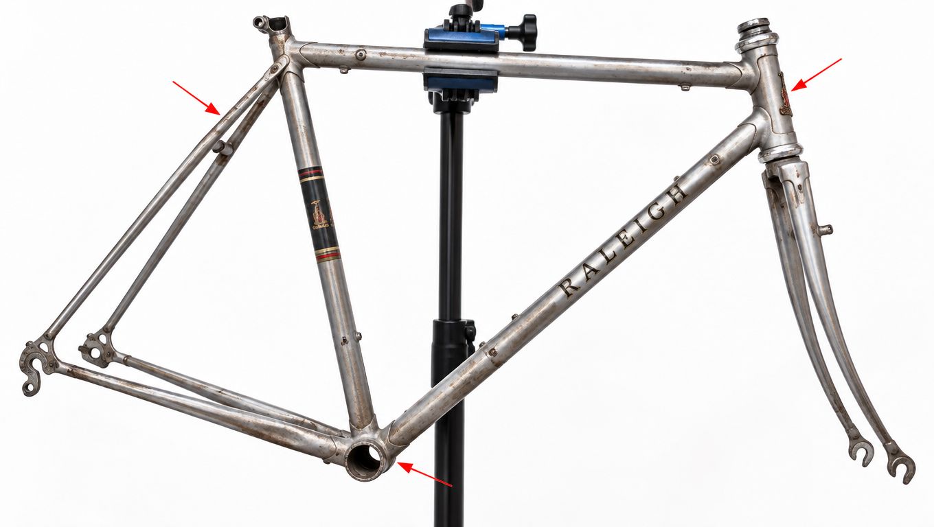 A stripped Raleigh bicycle frame mounted on a repair stand with arrows highlighting inspection points.