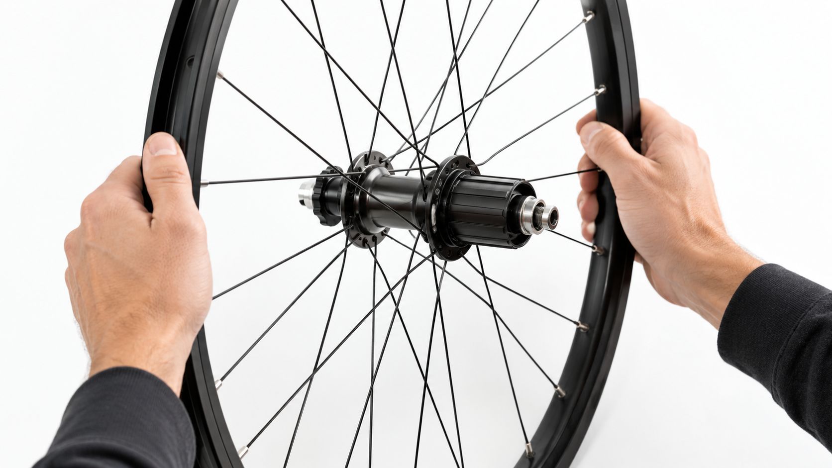 A pair of hands holding a bicycle wheel for inspection against a clean white studio background