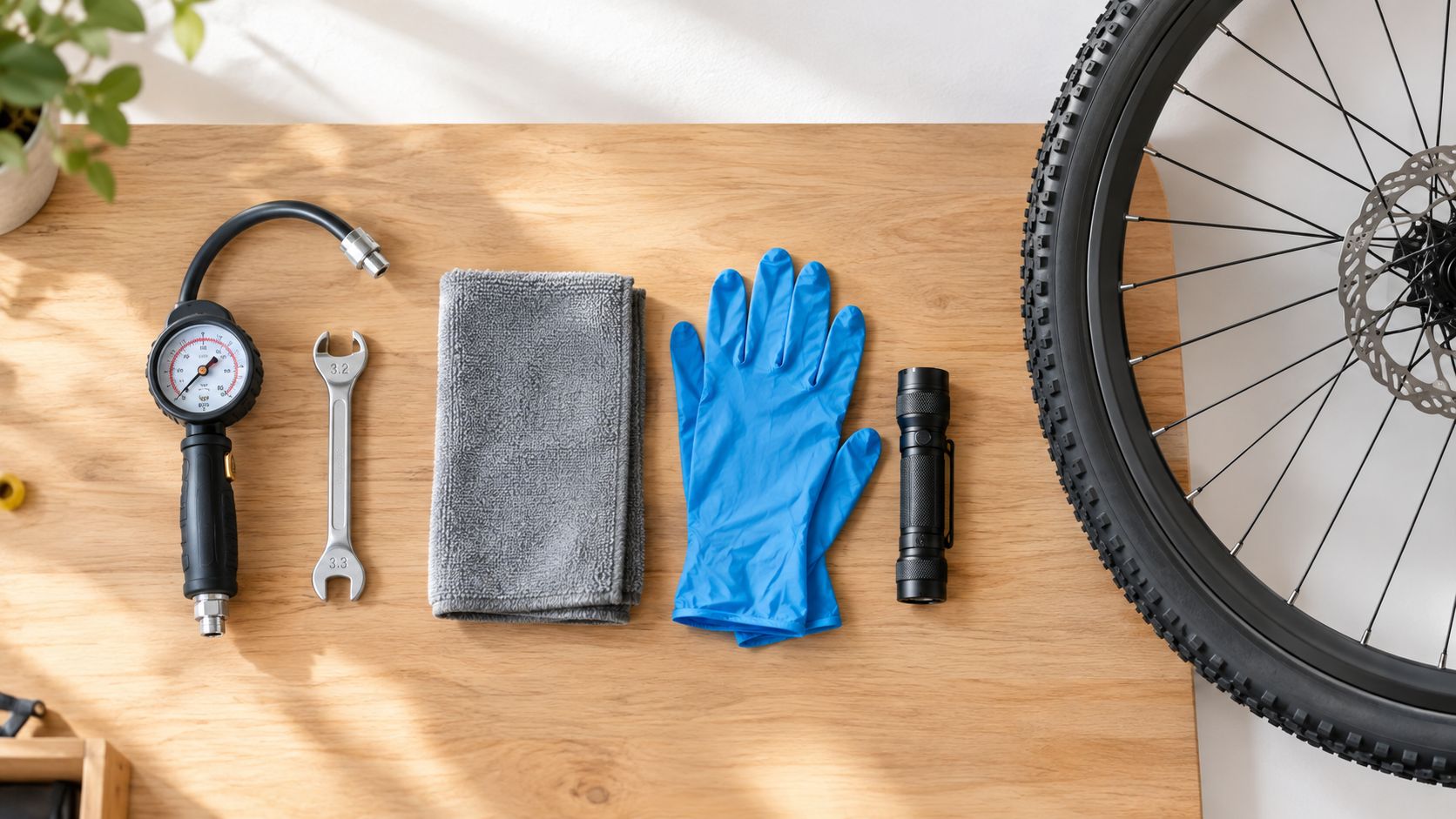 An overhead shot of bike maintenance tools including a pressure gauge, wrench, cleaning cloth, gloves, flashlight, and wheel.
