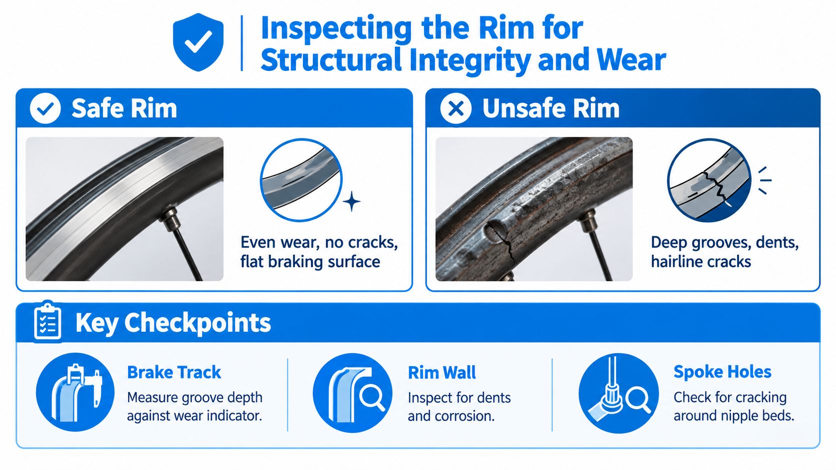 A visual guide showing how to inspect bike rims for structural integrity, wear, cracks, and safety.
