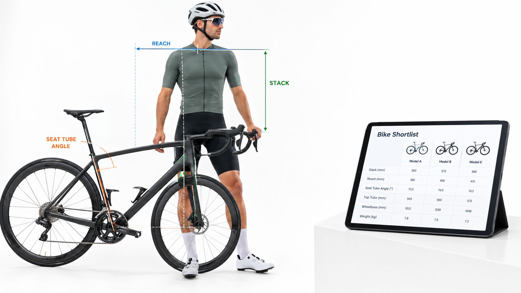 A cyclist stands next to a road bike with a digital tablet displaying geometry specifications for three models.