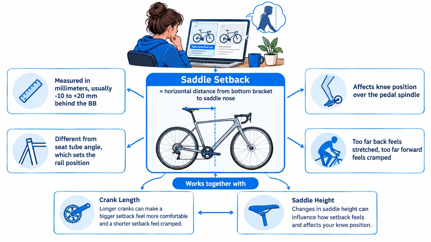 An educational infographic explaining bicycle saddle setback and how it affects overall bike fit and comfort.