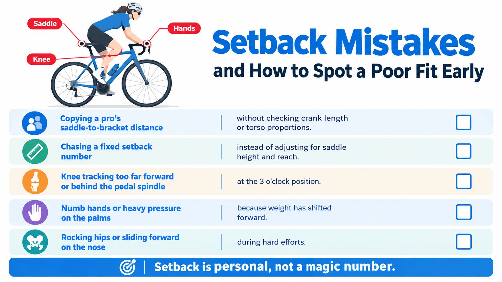 An infographic listing five common bike setup mistakes related to saddle position and improper cycling fit.
